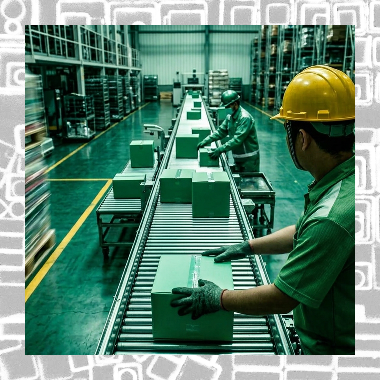 Warehouse team moving packaged goods on a conveyor