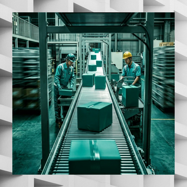 Warehouse conveyor line with packed boxes